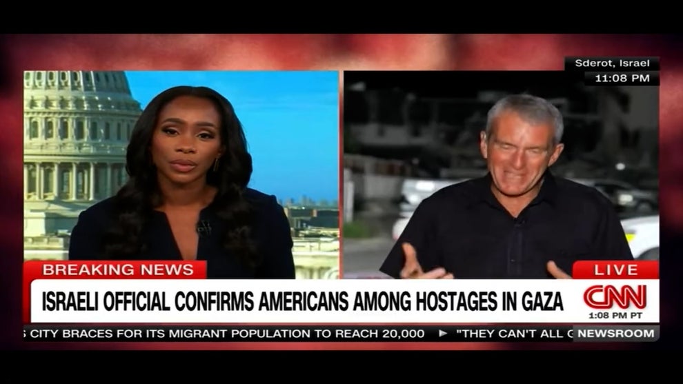A split-screen showing a Black woman with a backdrop of the Capitol behind her, while on the right is an emotional man with light-toned skin in a black shirt.