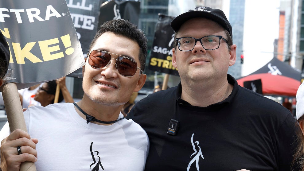 Daniel Dae Kim and Duncan Crabtree-Ireland join SAG-AFTRA members and supporters on the picket line in NYC