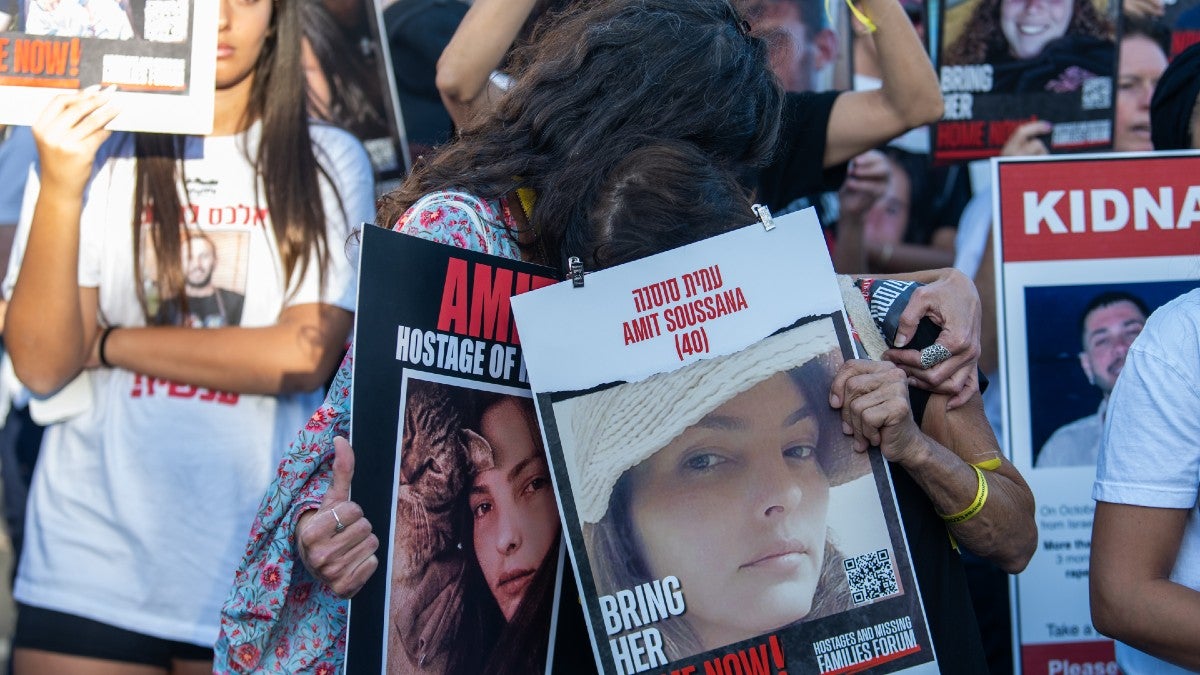JERUSALEM - NOVEMBER 06: Family members of hostages and missing persons, and their supporters, call for government action and to bring the hostages home at a protest outside The Knesset on November 6, 2023 in Jerusalem. As the Israeli government vows to eliminate Hamas, whose Oct 7 attacks left an estimated 1,400 dead and over 230 kidnapped, the fate of those hostages has complicated the country's military response. Families of the victims worry that the military offensive may result in hostages being killed during Israeli bombing or from Hamas's reprisals. Some families and friends of hostages, who remain in Gaza, are calling on the government to trade for Palestinian prisoners. (Photo by Alexi J. Rosenfeld/Getty Images)