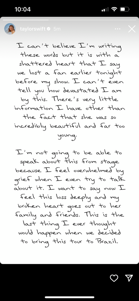 Taylor Swift mourns fan who died in Brazil
