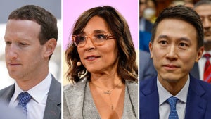 Mark Zuckerberg, Linda Yaccarino and Shou Zi Chew (Getty Images)
