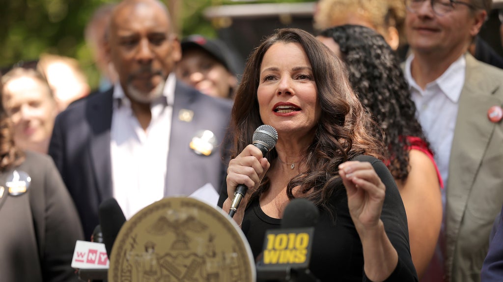 Fran Drescher speaks at an Aug. 1 WGA rally in New York City