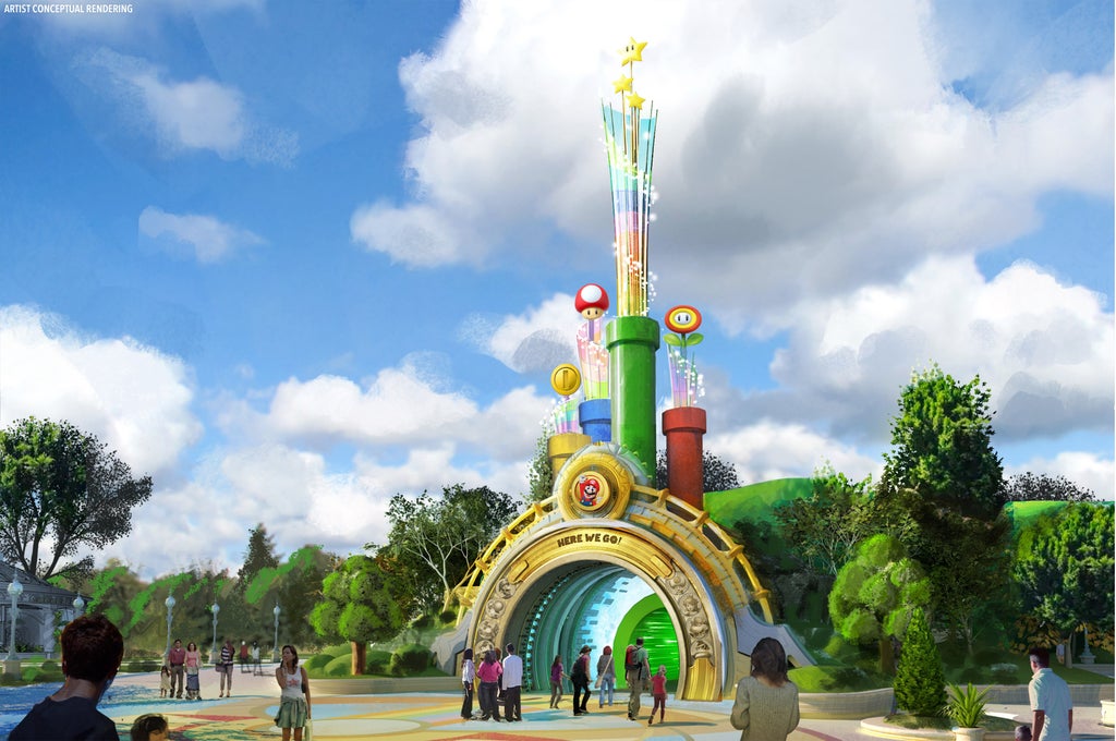Artist rendering of the entrance to Super Nintendo World at Epic Universe