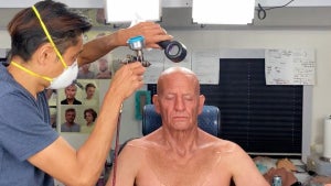 Makeup artist Kazu Hiro (left) and actor Bradley Cooper on the set of "Maestro" (credit: Netflix)