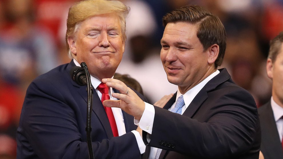 Donald Trump introduces Florida Gov. Ron DeSantis during a homecoming campaign rally in 2019