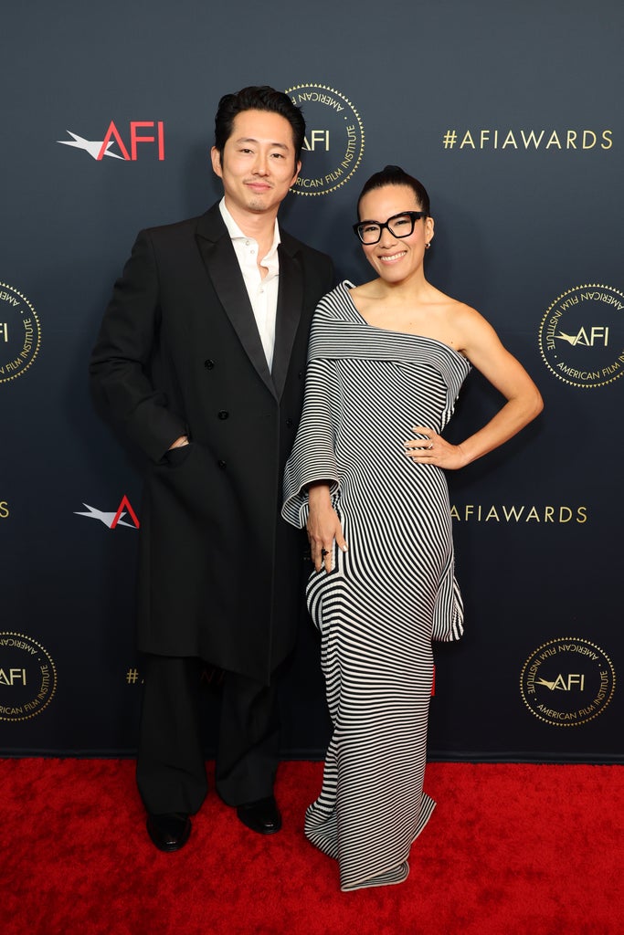(L-R) Steven Yeun and Ali Wong attends the AFI Awards Luncheon at Four Seasons Hotel Los Angeles at Beverly Hills on January 12, 2024 in Los Angeles, California.