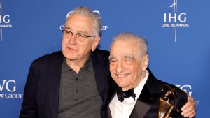 Robert De Niro and Martin Scorsese, winners of the Vanguard Award for "Killers of the Flower Moon", pose in the press room during the 2024 Palm Springs International Film Festival Film Awards at Palm Springs Convention Center on January 04, 2024 in Palm Springs, California. (Photo by Kevin Winter/Getty Images)