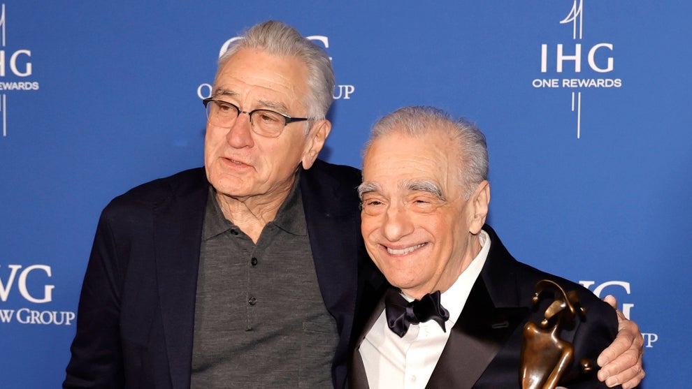 Robert De Niro and Martin Scorsese, winners of the Vanguard Award for "Killers of the Flower Moon", pose in the press room during the 2024 Palm Springs International Film Festival Film Awards at Palm Springs Convention Center on January 04, 2024 in Palm Springs, California. (Photo by Kevin Winter/Getty Images)