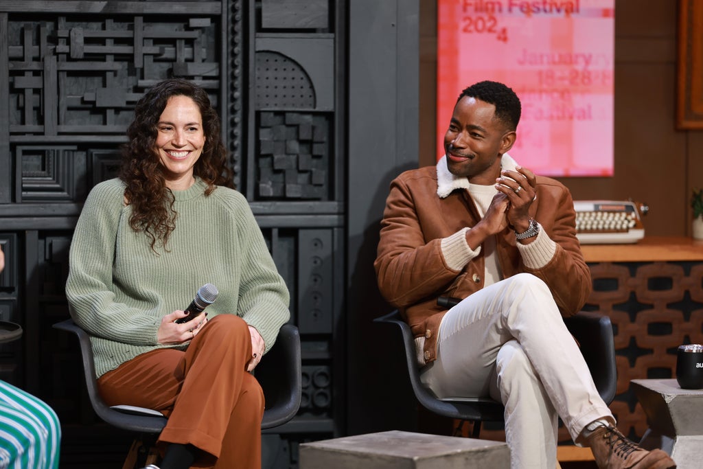 Sue Bird and Jay Ellis speak onstage at Cinema Cafe during the 2024 Sundance Film Festival at Egyptian Theatre on January 19, 2024 in Park City, Utah.