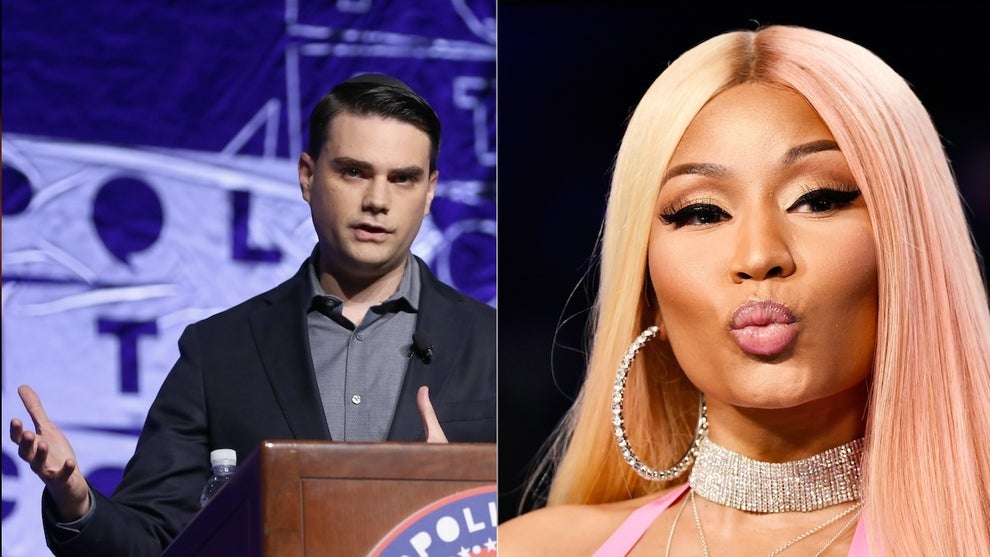A light-skinned man stands presenting on a stage in the image on the left, while a Black woman making a kissy face is in the image on the right. The people are Ben Shapiro and Nicki Minaj.