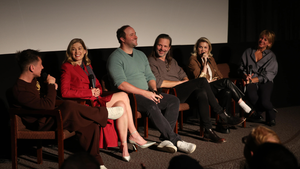 Barry Keoghan, Rosamund Pike, Anthony Willis, Linus Sandgren, Emerald Fennell and Sharon Waxman at TheWrap Screening Series Q&A for "Saltburn" (Randy Shropshire)