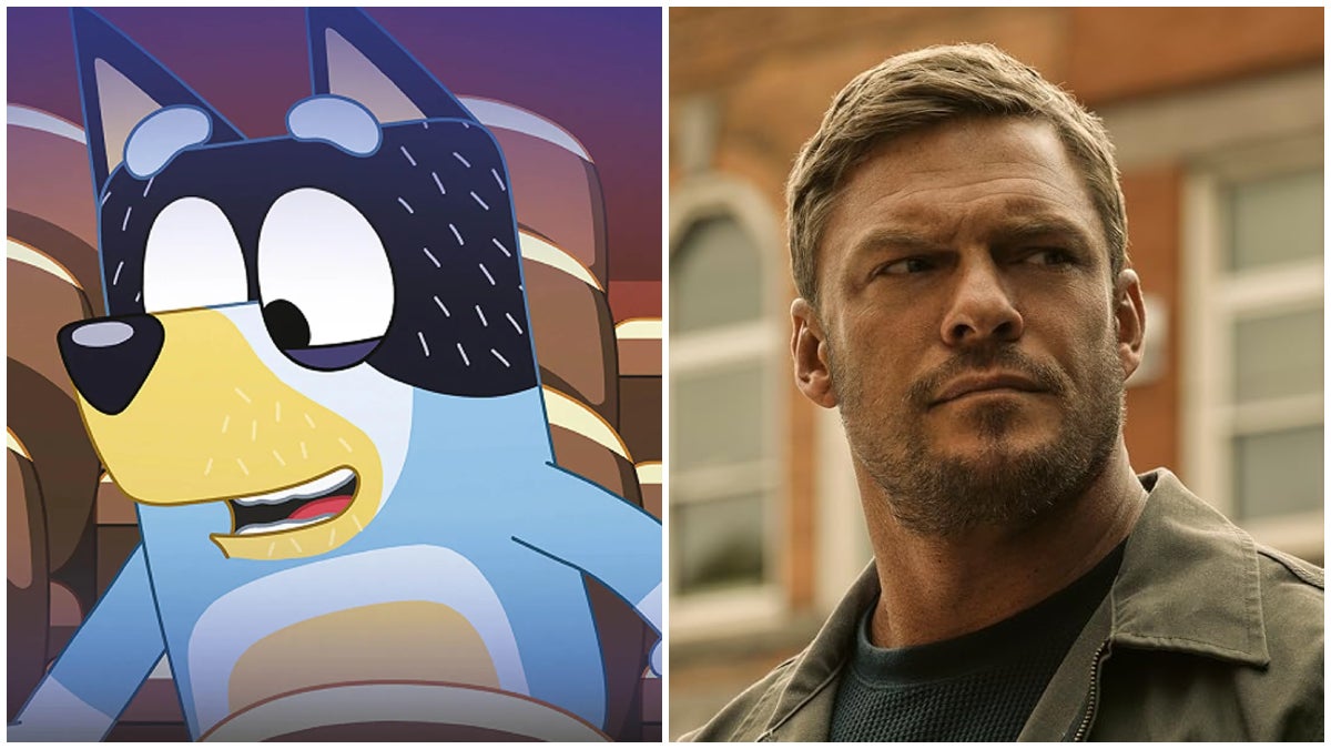 Split image of animated children's series "Bluey" and Alan Ritchson in "Reacher"