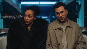 Ruth Negga and Daniel Levy ride a Ferris Wheel in "Good Grief"