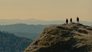 A scene in "Sasquatch Sunset" in which the Bigfoot family stands on a cliff overlooking a valley