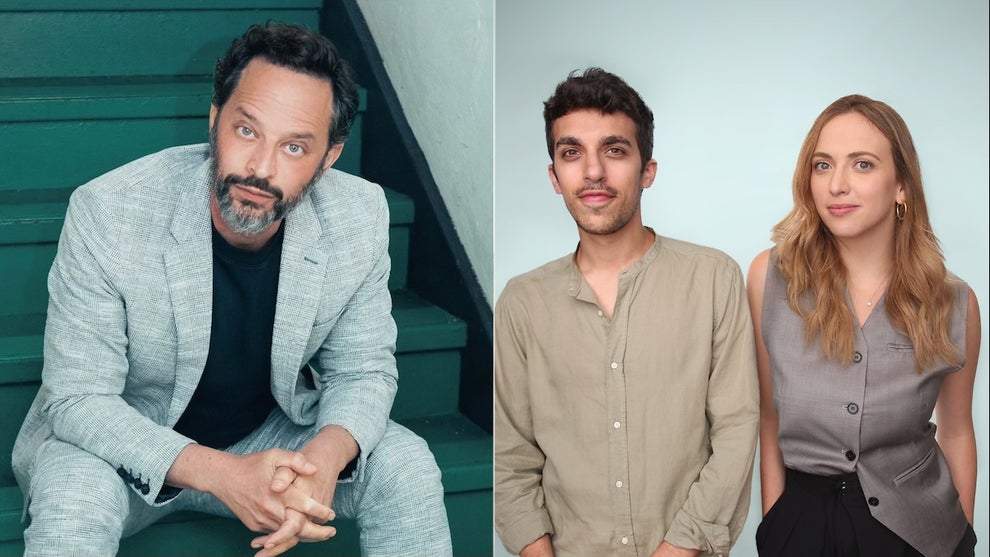 A split image, showing a man with medium-light-toned skin on the left, and on the right, a man and a woman; the man on the left of the split image has medium-light-toned skin, the woman on the right has light-toned skin. The man on the far left sits on green stairs, while the other two stand nesxst to each other.