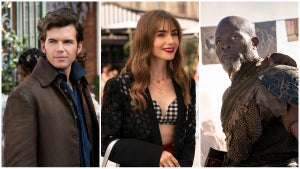 Stills from "Bridgerton," "Emily in Paris" and "Rebel Moon"