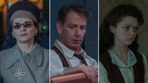 L-R: Coco Chanel (Juliette Binoche), Christian Dior (Ben Mendelsohn) and Catherine Dior (Maisie Peters) in "The New Look" on Apple TV+