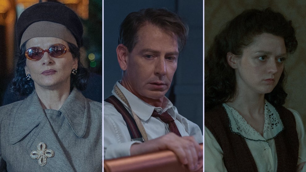 L-R: Coco Chanel (Juliette Binoche), Christian Dior (Ben Mendelsohn) and Catherine Dior (Maisie Peters) in "The New Look" on Apple TV+