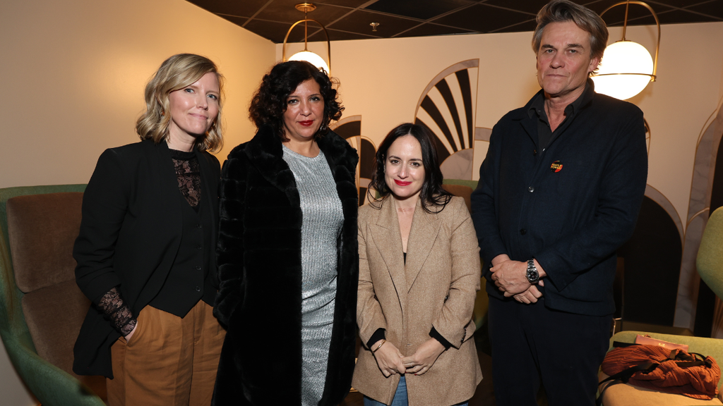 (from left) Producer Michelle Mizner ("20 Days in Mariupol"), director Kaouther Ben Hania ("Four Daughters"), and Maite Alberdi ("The Eternal Memory"), and director Christopher Sharp ("Bobi Wine: The People's President")