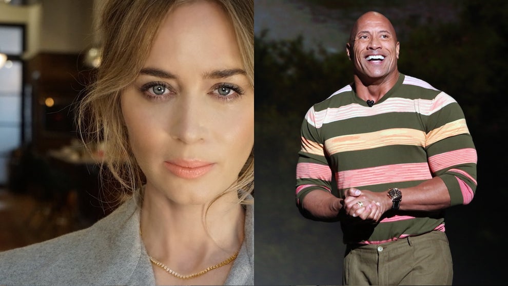 A closeup of actress Emily Blunt; a full upper body photo of Dwayne Johnson, "The Rock," in a striped sweatshit. The woman is giving a serious expression and wearing a light gold necklace. The man with medium-toned skin is smiling as he stands on stage.