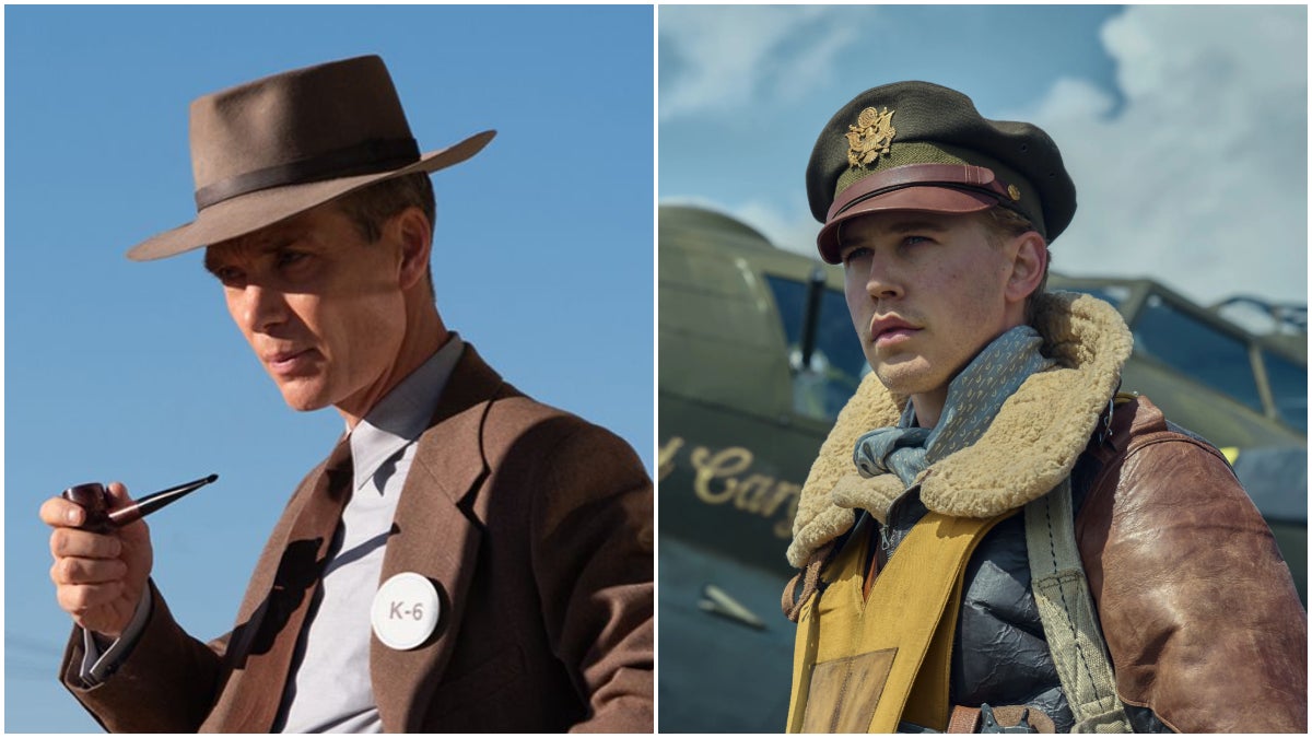 Cillian Murphy in Oppenheimer and Austin Butler in Masters of the Air in a split feature image