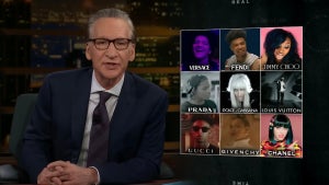 "Real Time" host Bill Maher next to a grid of photos of musicians and brands they mention in their music
