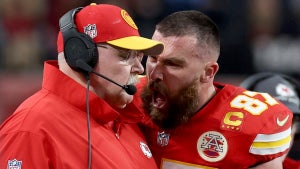 Travis Kelce yells at Chiefs head coach Andy Reid during the Super Bowl