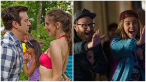 A split image of stills from the films "Sleeping with Other People" and "Long Shot"