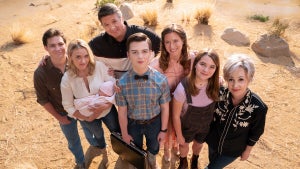 Pictured (L-R): Montana Jordan as Georgie Cooper, Emily Osment as Mandy McAllister, Lance Barber as George Sr., Iain Armitage as Sheldon Cooper, Raegan Revord as Missy Cooper, Zoe Perry as Mary Cooper, and Annie Potts as Connie 'Meemaw' Tucker in "Young Sheldon" Season 7