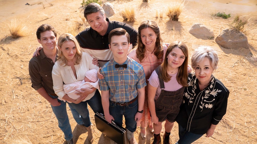 Pictured (L-R): Montana Jordan as Georgie Cooper, Emily Osment as Mandy McAllister, Lance Barber as George Sr., Iain Armitage as Sheldon Cooper, Raegan Revord as Missy Cooper, Zoe Perry as Mary Cooper, and Annie Potts as Connie 'Meemaw' Tucker in "Young Sheldon" Season 7