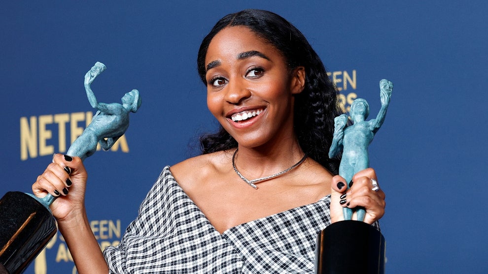 Ayo Edebiri with her SAG trophies (Getty Images)