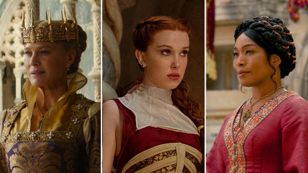 L-r: Queen Isabelle (Robin Wright), Elodie (Millie Bobby Brown) and Lady Bayford (Angela Bassett) in Netflix's "Damsel"