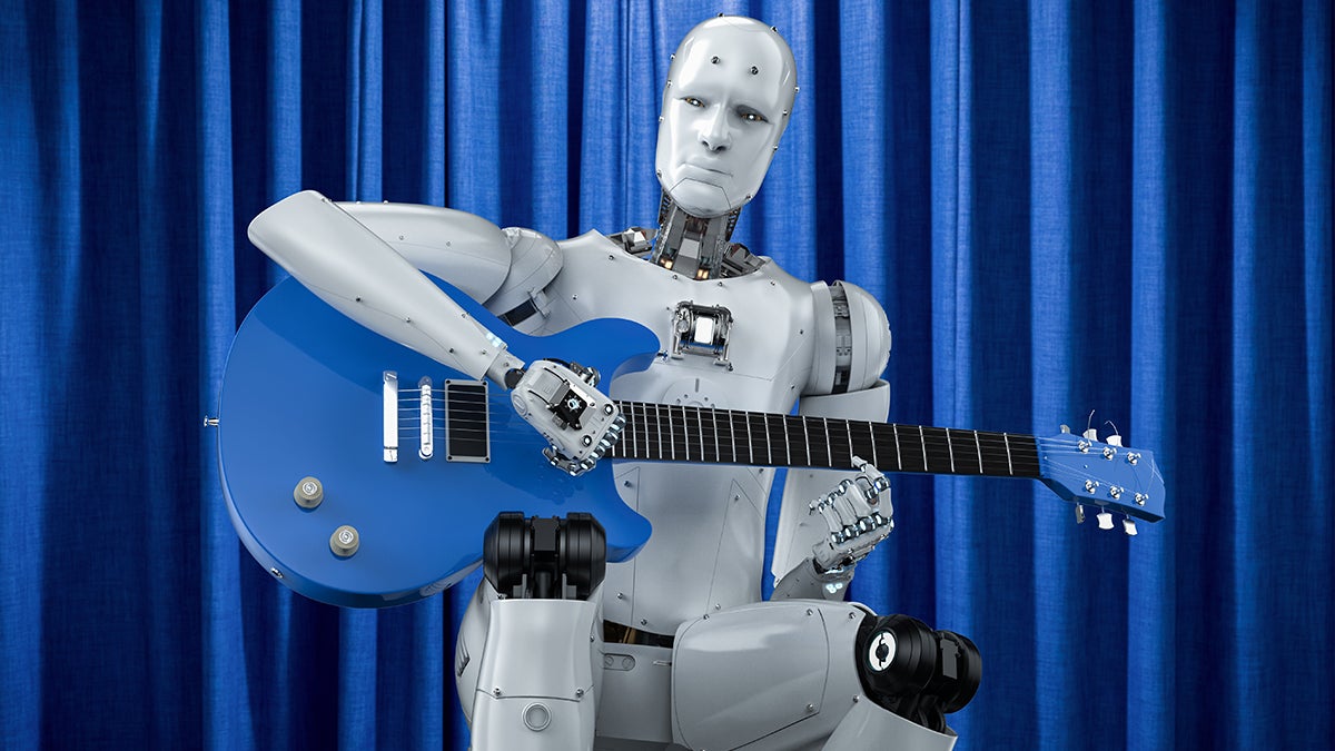 Ai music composer or generator with robot play guitar - stock photo