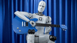 Ai music composer or generator with robot play guitar - stock photo