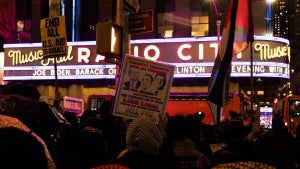 Pro-Palestinian demonstrators outside Radio City Music Hall during President Joe Biden's fundraiser on March 28, 2024