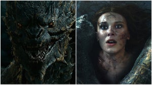 Split image of a snarling dragon on the left and a woman being pinned down by a dragon's talon on the right