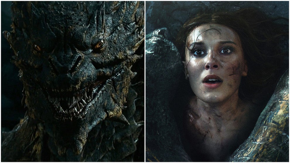 Split image of a snarling dragon on the left and a woman being pinned down by a dragon's talon on the right