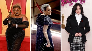 Da'Vine Joy Randolph (a lack woman in a sparkly dress), Emma Thomas (a white woman in a sparkly dress with a hooded-esque upper section) and Billie Eilish (in a black blazer with a black and white plaid skirt and a matching small purse)