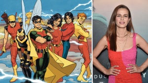 An illustrated image of superheroes Speedy, Bumblebee, Robin, Wonder Girl, Aqualad and Kid Flash on the left; a woman in a pink dress on the right. teen titans