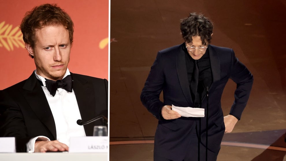 A split image of László Nemes and Jonathan Glazer; they both have light-toned skinned. The man on the left wears a tux and sits at a table, looking disconcerted. On the right, a man in a black suit with black shirt reads from a paper in his hands on stage.