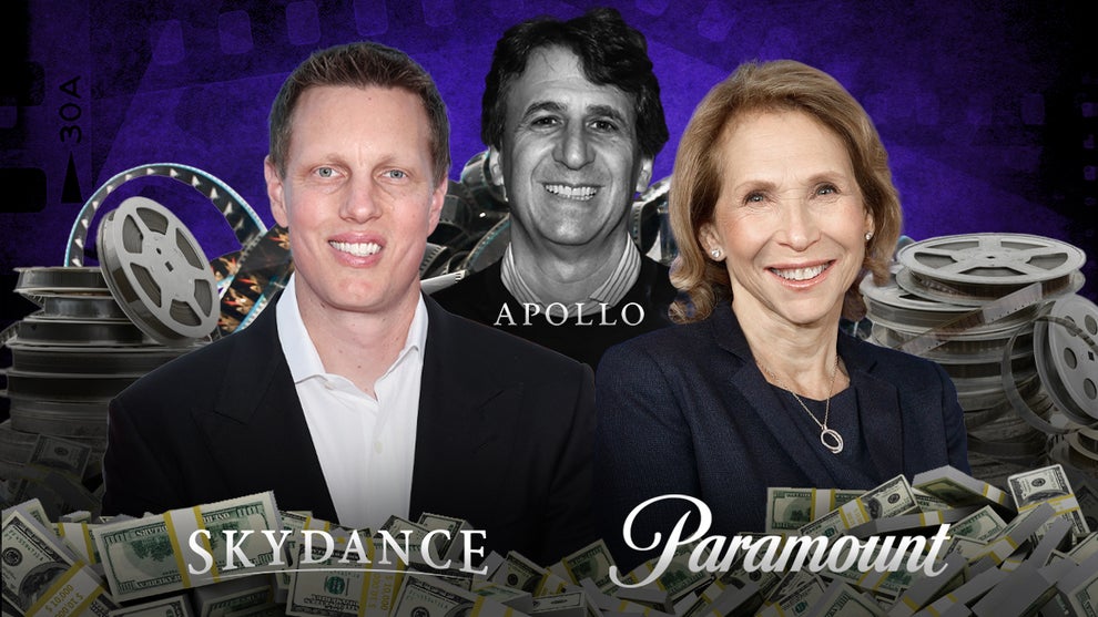 Skydance Media CEO David Ellison and Paramount Executive Chair Shari Redstone, with (center) Apollo Global Management CEO Marc Rowan