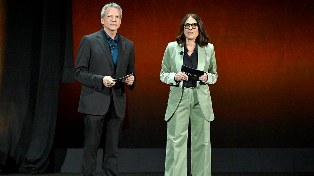 LAS VEGAS, NEVADA - APRIL 09: (L-R) Michael De Luca, Co-Chair & CEO, Warner Bros. Pictures Group and Pam Abdy, Co-Chair & CEO Warner Bros. Pictures Group speak onstage during the Warner Bros. Pictures Presentation during CinemaCon 2024 at The Colosseum at Caesars Palace on April 09, 2024 in Las Vegas, Nevada.