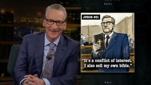 A smiling man with light-toned skin in a suit, sitting at a desk, alongside a courtroom illustration of a man holding a Bible and looking quite serious with a juror number listed above him, and below him a quote reading, "It's a conflict of interest, I also sell my own bible."