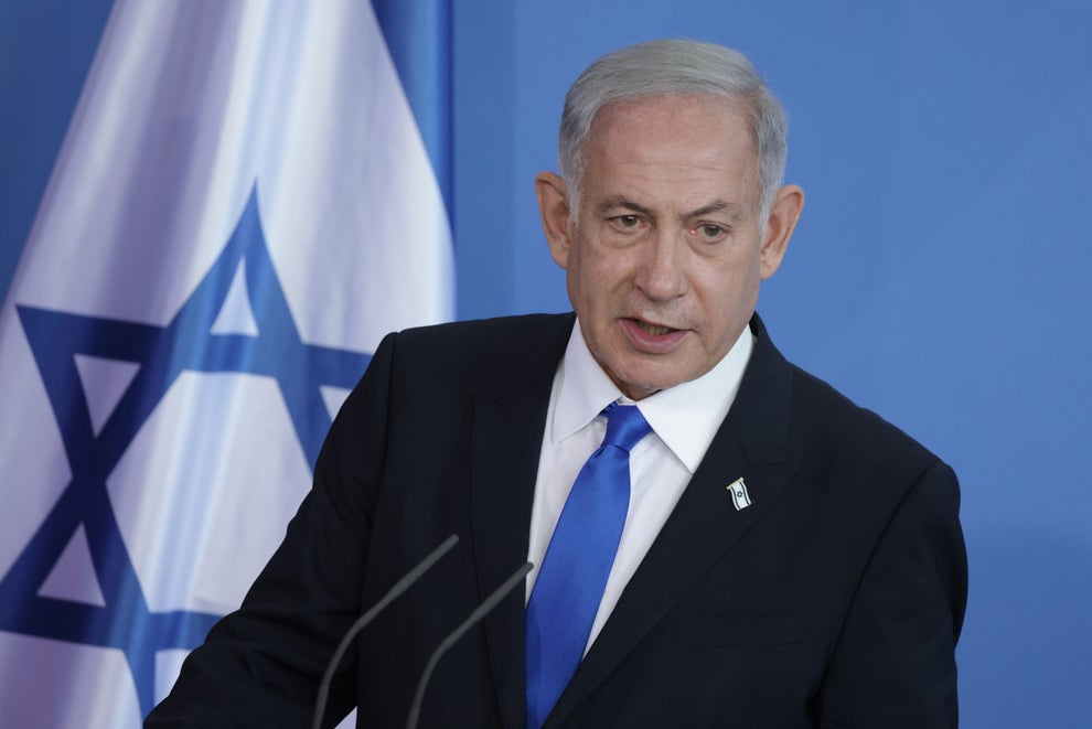 Israeli Prime Minister Benjamin Netanyahu and German Chancellor Olaf Scholz (not pictured) speak to the media following talks at the Chancellery on March 16, 2023 in Berlin, Germany.