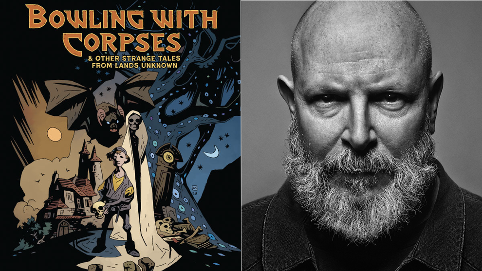 A split image; on the left is an illustration with the text "BOWLING WITH CORPSES" on top, with subtitle "& OTHER STRANGE TALES FROM LANDS UNKNOWN." The illustration shows a figure holding a skull, a skeleton in an off-white robe, a giant bat, a clock with a pile of bones, and what looks like a large home. On the right is a closeup of a man with light-toned skin, a bald head and a gray beard.
