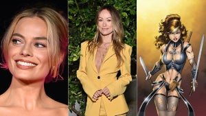 Photos of two blonde women with light-toned skin and an illustration of a thid woman with light-toned skin holding two swords and wearing a large cross.