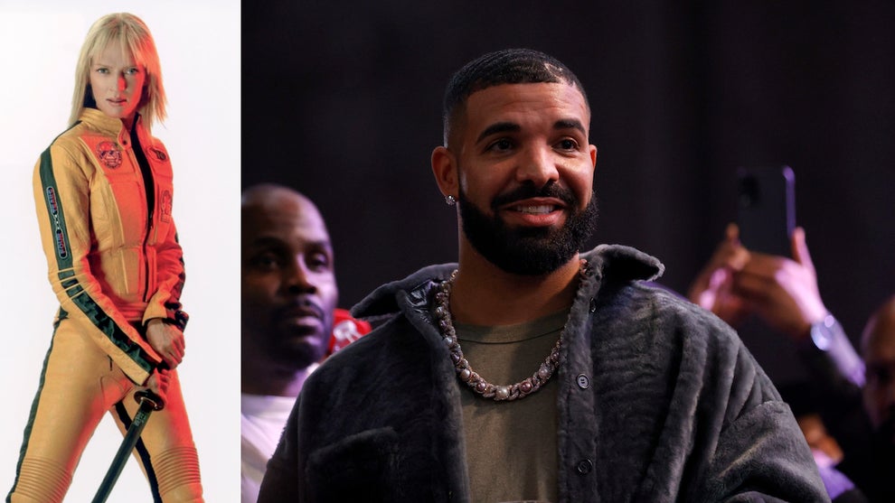 A light-skinned woman in a yellow jumpsuit holding a sword on the left, while the image on the right shows a man in a furry jacket smiling and wearing a chain around his neck. He has medium-dark-toned skin.