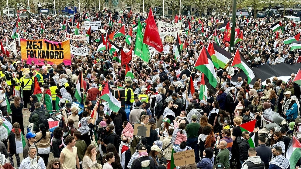 A large group of protesters in the streets of Sweden.