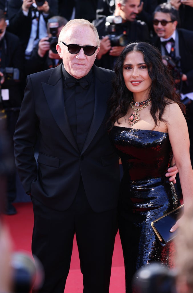Francois-Henri Pinault and Salma Hayek attend the "Emilia Perez" red carpet during The 77th Annual Cannes Film Festival at Palais des Festivals on May 18, 2024 in Cannes, France.