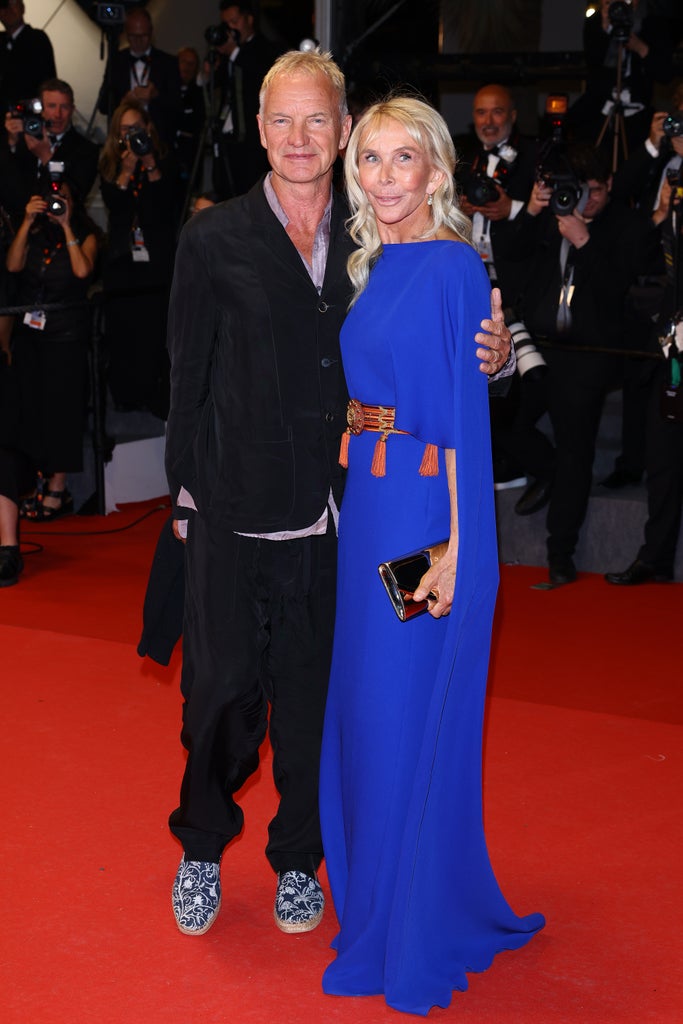 Sting and Trudie Styler attend the "Parthenope" Red Carpet at the 77th annual Cannes Film Festival at Palais des Festivals on May 21, 2024 in Cannes, France.
